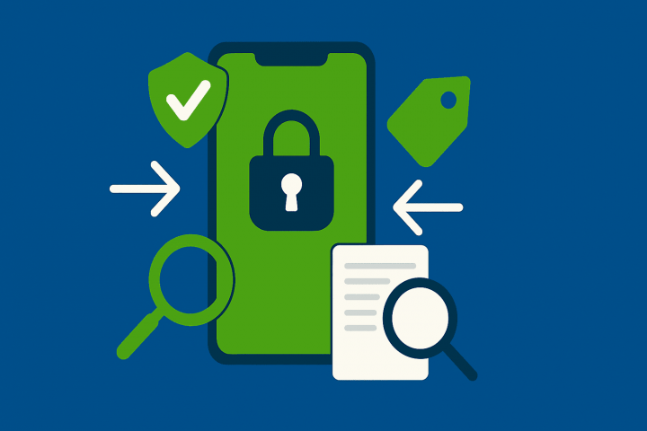 Ilustração flat de um smartphone com cadeado e ícone de verificação, setas indicando garantia, além de etiqueta ‘CET’ e lupa sobre contrato, representando a análise da mister money empréstimo com garantia de celular