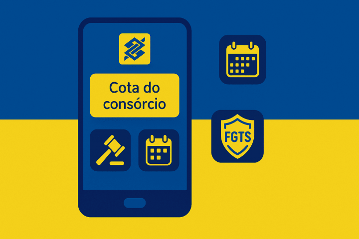 Ilustração flat 16:9 com app do Banco do Brasil aberto mostrando cota de consórcio, ícones de lance, calendário de assembleia e selo de FGTS, nas cores azul e amarelo
