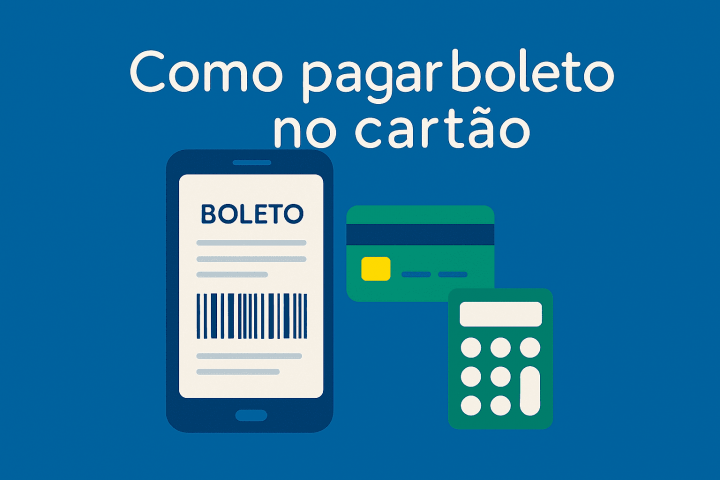 Ilustração flat 16:9 com smartphone exibindo boleto (código de barras), cartão de crédito e ícone de calculadora nas cores #045c9b, #a0d007 e branco.