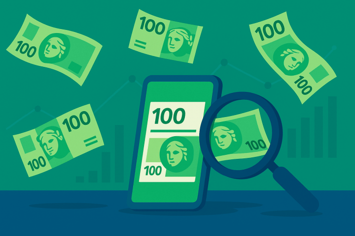 Ilustração flat 16:9 com notas de 100 flutuando, lupa e gráfico discreto em verde/azul, simbolizando a análise do significado de sonhar com dinheiro de papel.