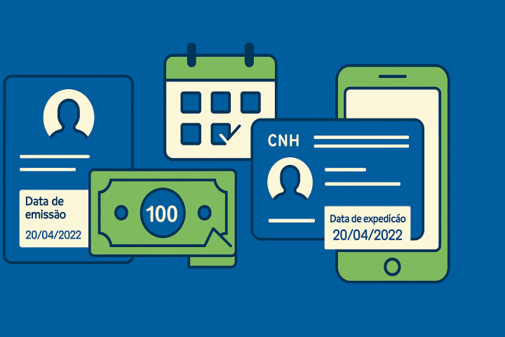 Ilustração flat 16:9 de RG e CNH com o campo ‘Data de emissão/expedição’ destacado, ao lado de calendário e smartphone, em azul #045c9b e verde #a0d007