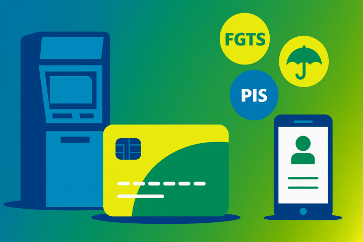 Ilustração 16:9 em azul/verde do Quero Dinheiro Agora mostrando um Cartão do Cidadão, um caixa eletrônico, um celular com “Portal Cidadão” aberto e ícones de FGTS, PIS e Seguro-Desemprego.