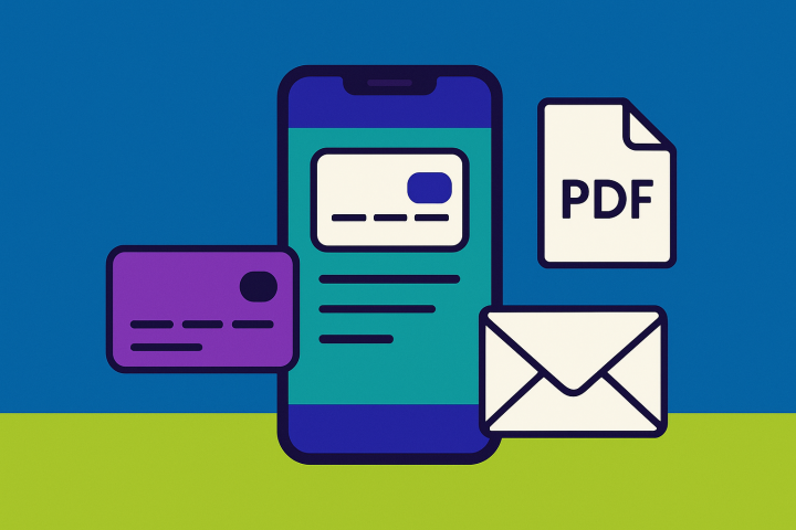 Ilustração 16:9 flat azul/verde (#045c9b e #a0d007) e roxa, com celular exibindo app bancário, ícone de PDF e cartão, representando “comprovante de conta corrente Nubank