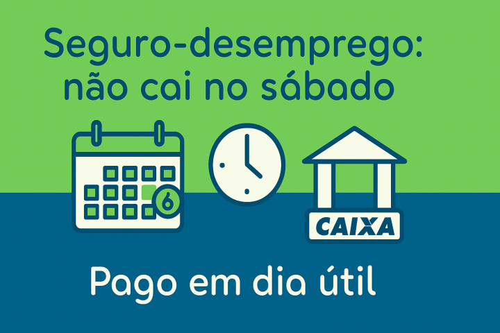 Ilustração flat em azul e verde mostrando calendário com sábado destacado, relógio e ícone de banco/CAIXA indicando que o seguro-desemprego não cai no sábado e é pago em dia útil.