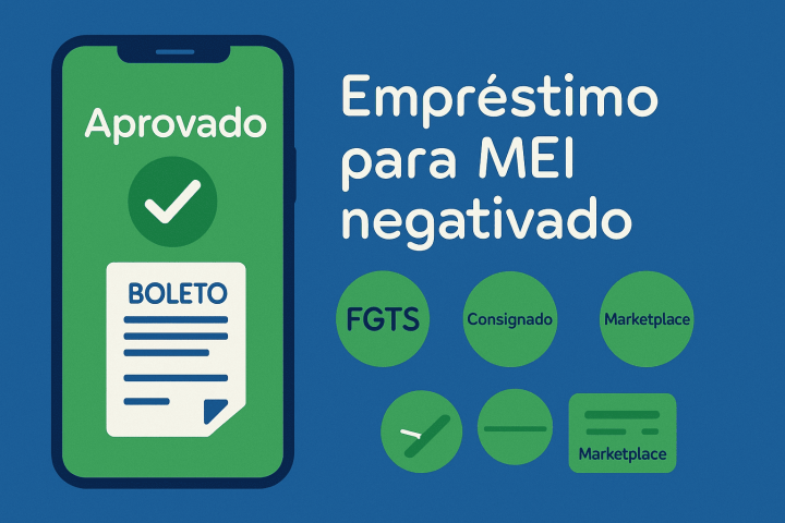 Ilustração flat azul e verde com smartphone mostrando aprovação e boleto, representando empréstimo para MEI negativado online, com alternativas como consignado/FGTS e marketplaces.