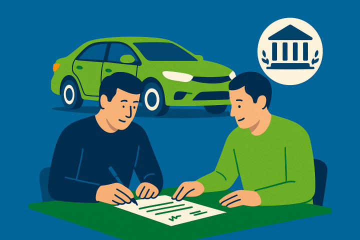 Ilustração flat 16:9 mostrando vendedor e comprador assinando novo contrato, carro ao fundo e ícone de Detran, representando como transferir financiamento de veículo para outra pessoa