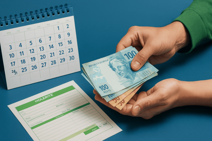 Ilustração realista 16:9 com calendário, holerite e mão recebendo parte do salário no meio do mês, representando como funciona o adiantamento salarial, nas cores #045c9b e #a0d007.