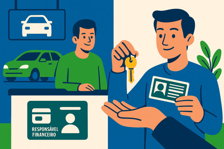 ilustração flat 16:9 de cliente na loja segurando CNH e chave do carro, com ícone de cartão ‘responsável financeiro’ ao lado do balcão da locadora, representando aluguel de carro sem cartão de crédito