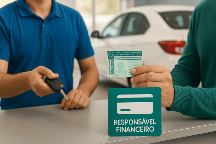 Cliente apresentando CNH no balcão da locadora; ao lado, ícone de cartão ‘responsável financeiro’, representando aluguel de carro para negativado