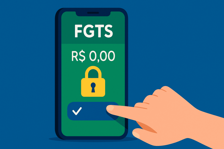 Ilustração flat 16:9 do app FGTS aberto com ícone de cadeado sobre o saldo e uma mão clicando na opção ‘quitar/antecipar’, representando como desbloquear saldo bloqueado de empréstimo FGTS em 2026