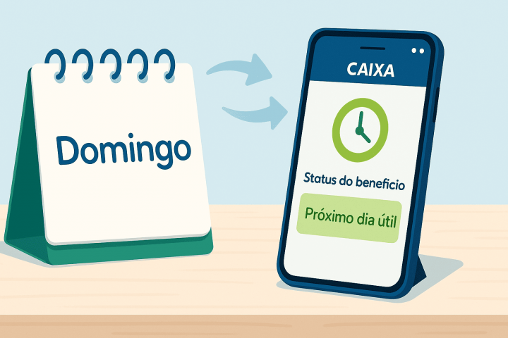 Ilustração 16:9 de um calendário marcando domingo e um smartphone com o app da CAIXA aberto, indicando que meu seguro-desemprego cai no domingo e será pago no próximo dia útil.”