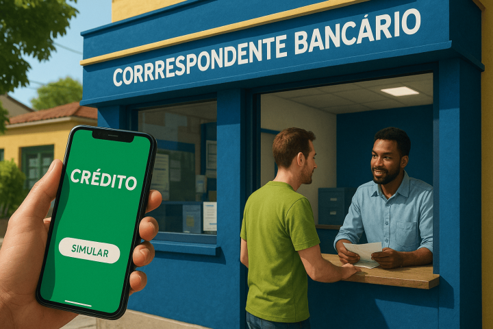 Ilustração realista 16:9 mostrando uma loja de bairro, um celular com app de crédito aberto e um cliente sendo atendido, representando o que é corban (correspondente bancário