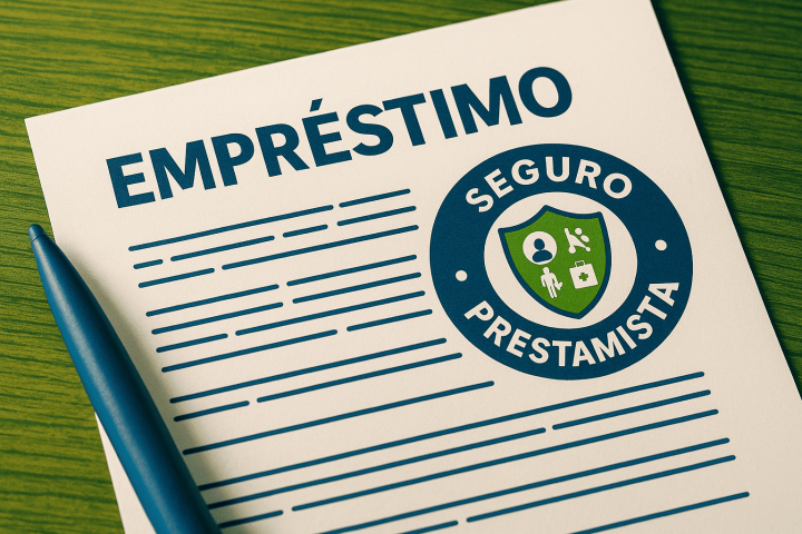 Ilustração 16:9 de um contrato de empréstimo com selo de seguro prestamista, mostrando proteção de parcelas em caso de imprevistos (morte, invalidez, desemprego)