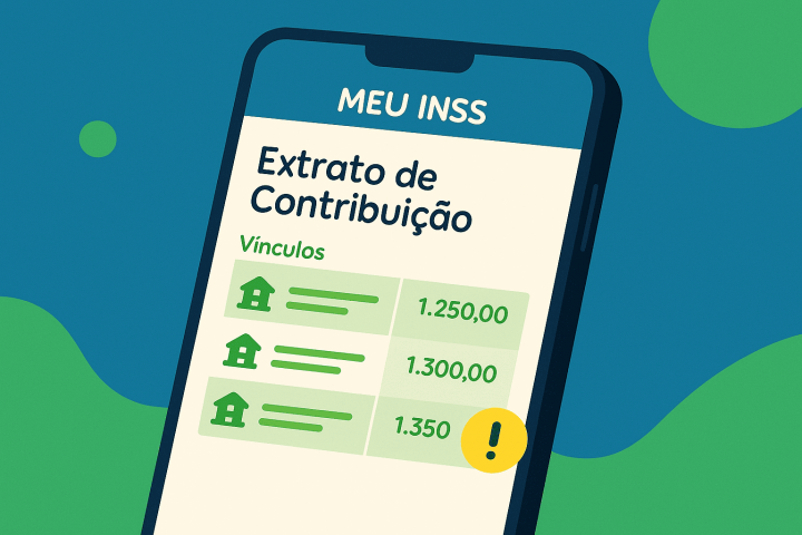 Ilustração 16:9 do Meu INSS aberto mostrando o Extrato de Contribuição (CNIS) com vínculos, remunerações e um indicador destacado, nas cores #045c9b e #a0d007.
