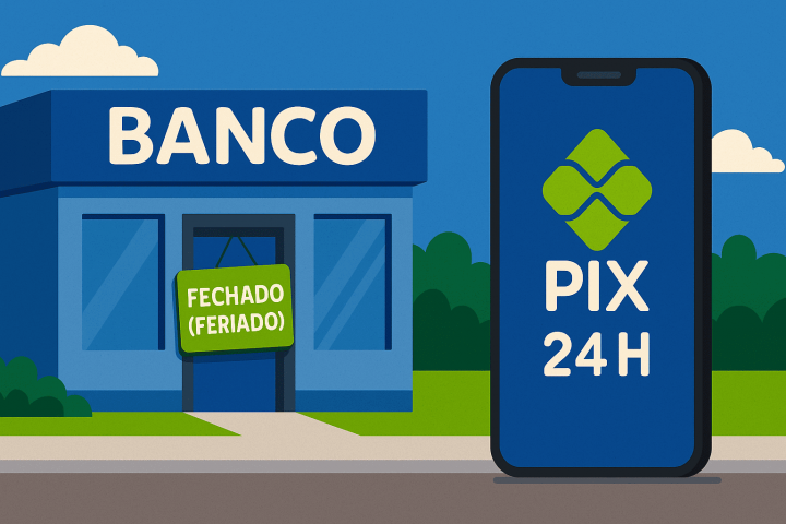 Ilustração 16:9 mostrando a fachada de uma agência com placa ‘Fechado (feriado)’ e, ao lado, um celular com PIX 24h ativo nas cores #045c9b e #a0d007