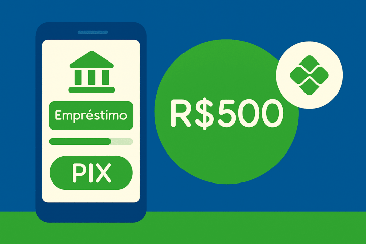 Ilustração flat azul e verde mostrando um celular com app de empréstimo aberto, ícone de Pix e cifra de R$ 500, representando ‘Como conseguir 500 reais urgente