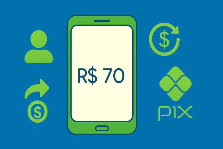 Ilustração flat azul e verde (principal) com smartphone exibindo ‘R$ 70’ e ícones de indicação, cashback e Pix, representando busca por app que paga 70 reais para se cadastrar.