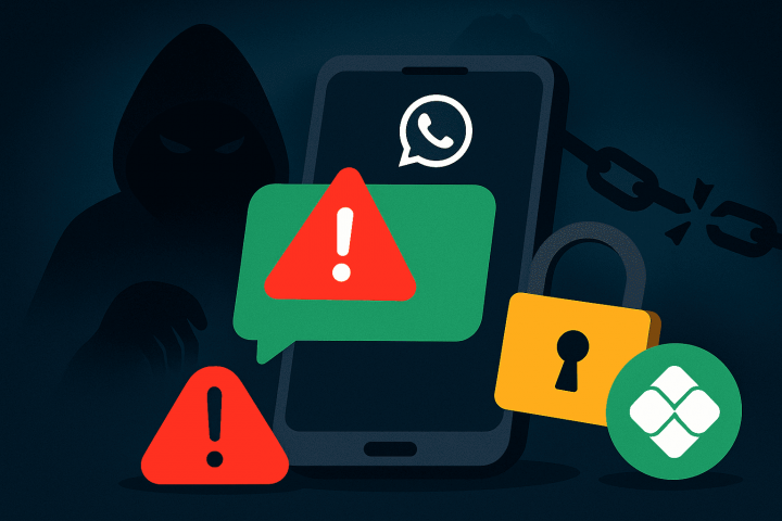 Ilustração flat em azul, verde e preto mostrando um chat de WhatsApp com alerta de perigo, um cadeado e ícone de Pix seguro, representando o risco de agiota online "confiável" e a alternativa de empréstimos legais.