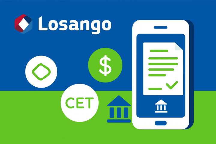 Ilustração flat azul e verde com smartphone exibindo contrato e parcelas, representando Empréstimo pela Losango com análise de crédito, CET e depósito em conta